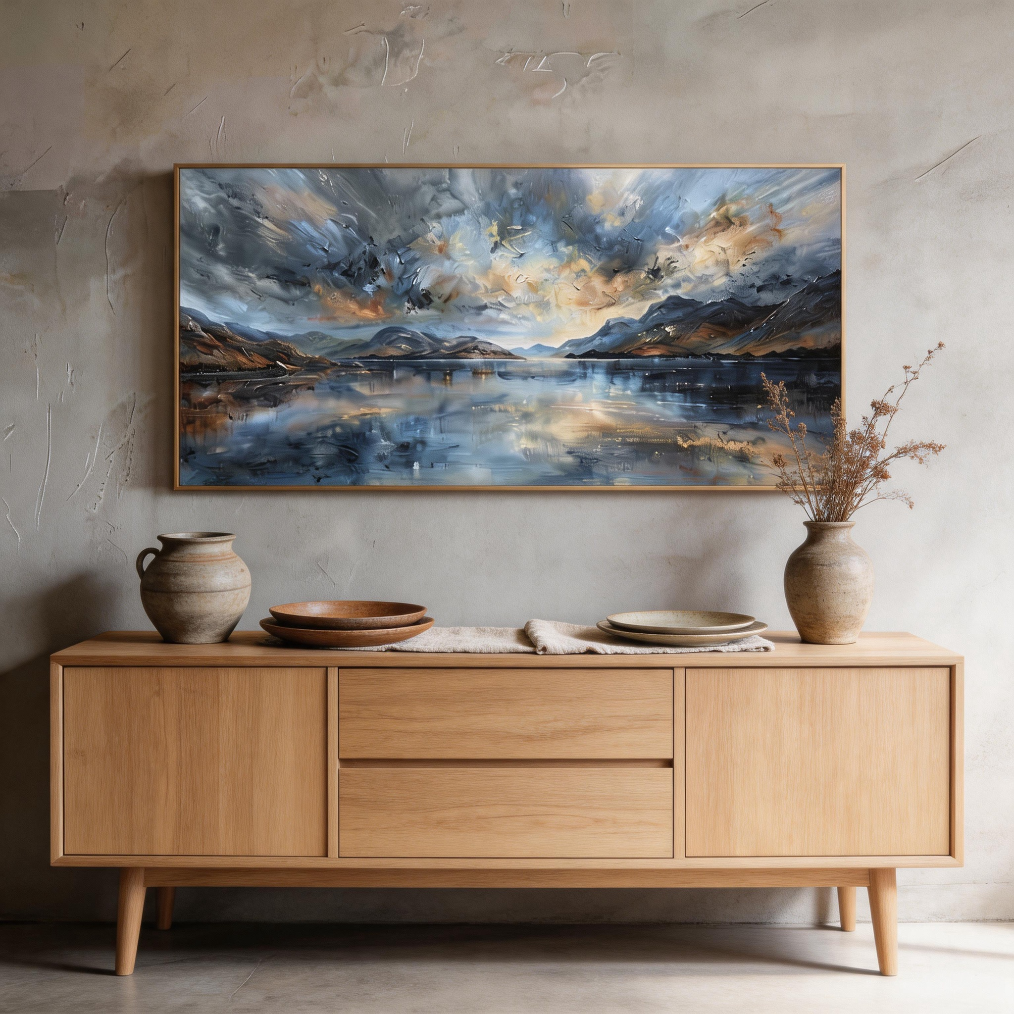 Steel Sky & Gold Light — Wide Format Mountain Lake Canvas Print with Storm Clouds #MA039