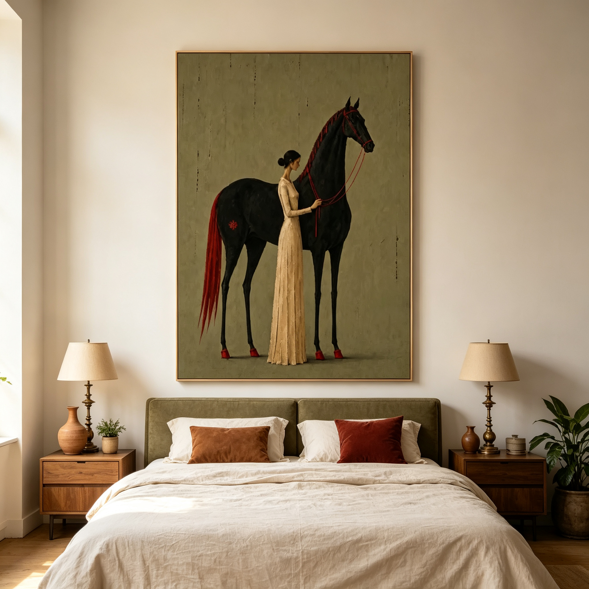 Lady & the Black Stallion – Elegant Equestrian Portrait Painting #HA062