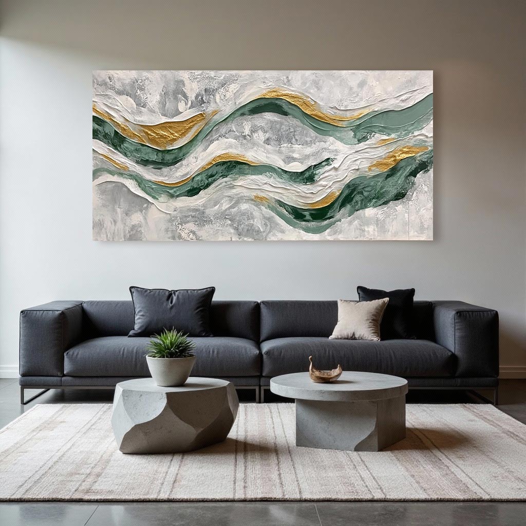 Abstract Green & Gold Wave Wall Art – Modern Textured Panoramic Painting #GT001