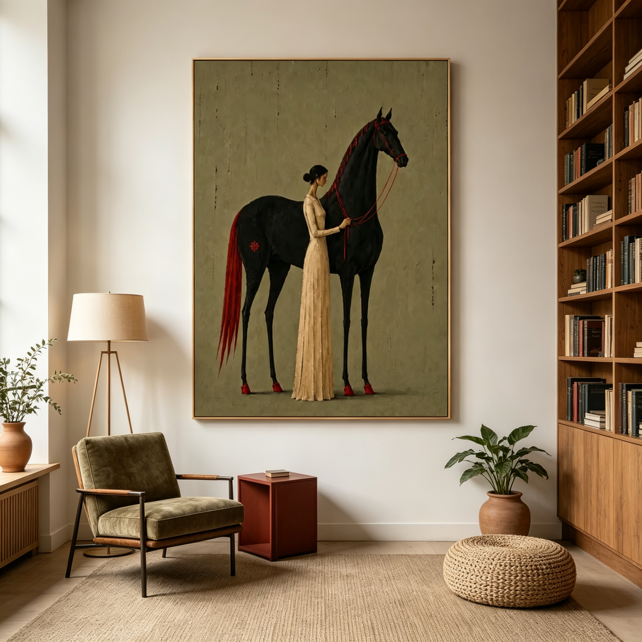 Lady & the Black Stallion – Elegant Equestrian Portrait Painting #HA062