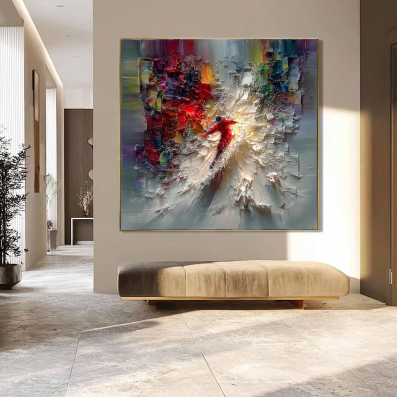 Into the Light — Colorful Impasto Skier Canvas Wall Art #PP005