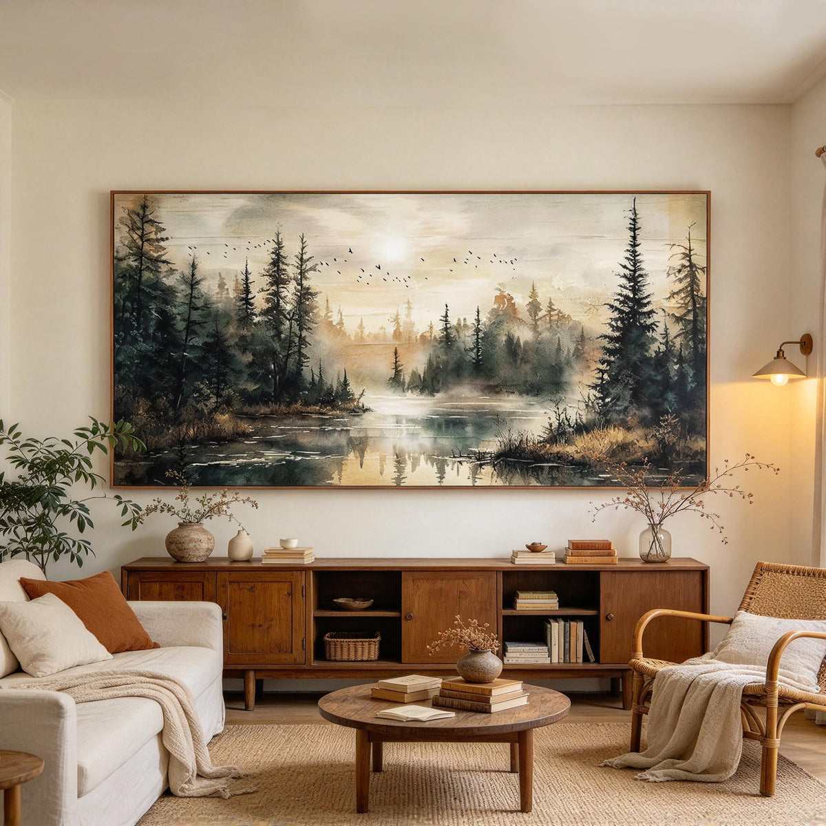 Misty Pine Forest Lake Wall Art #LS079