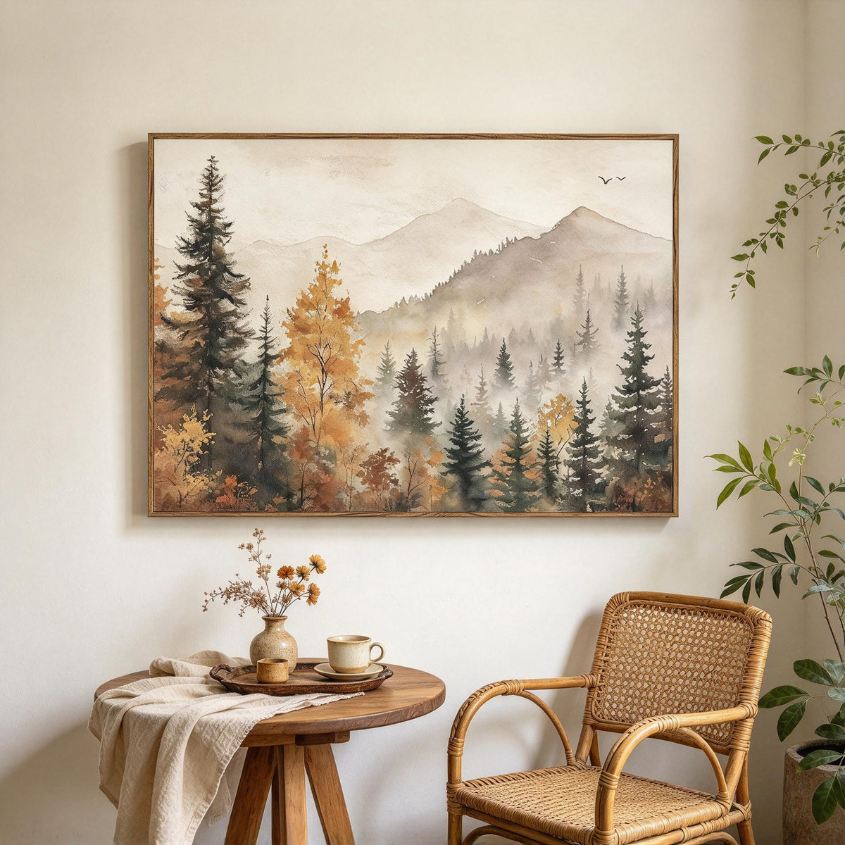 Misty Autumn Mountain Forest Wall Art #LS077