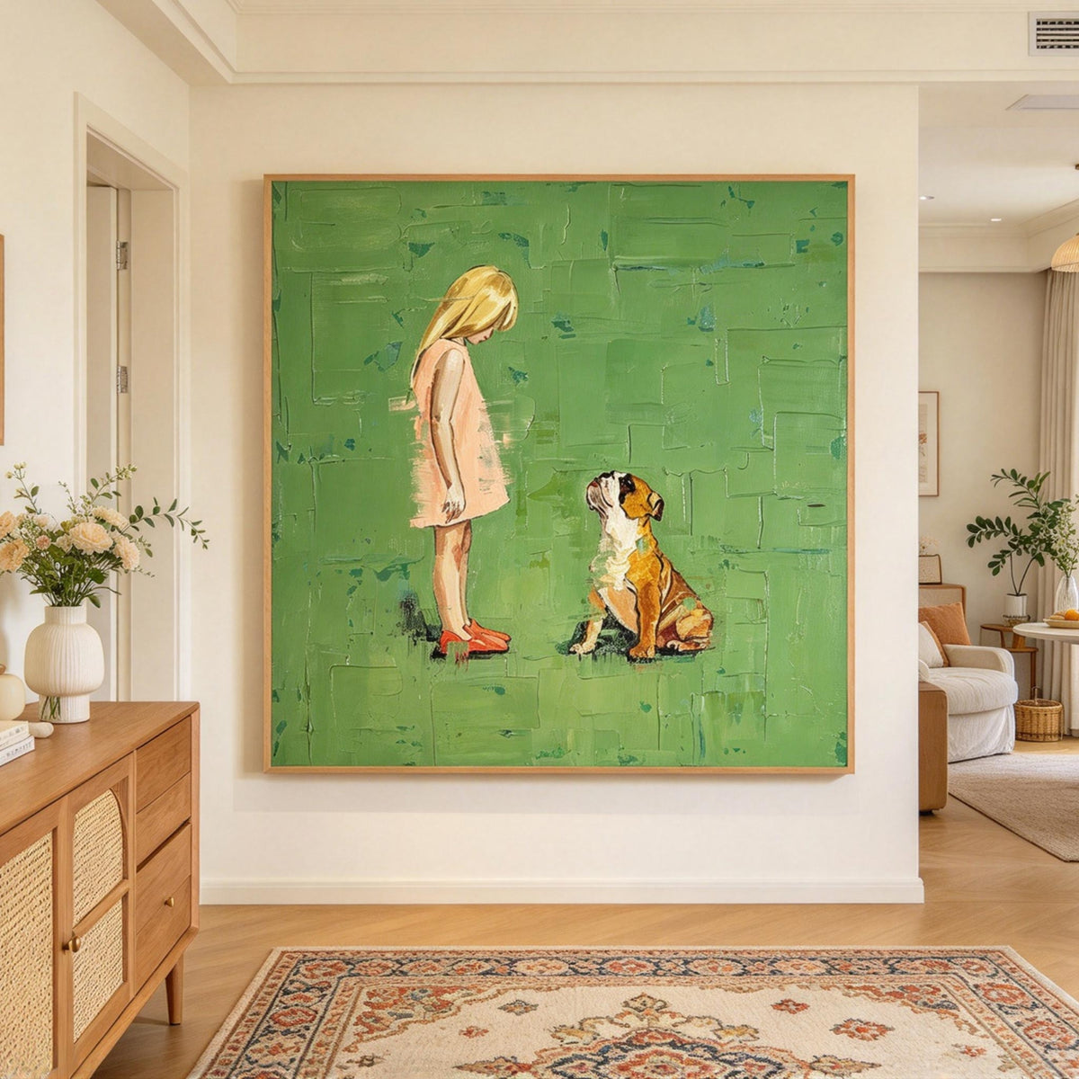 Girl and Dog on Green Wall Art #AN026