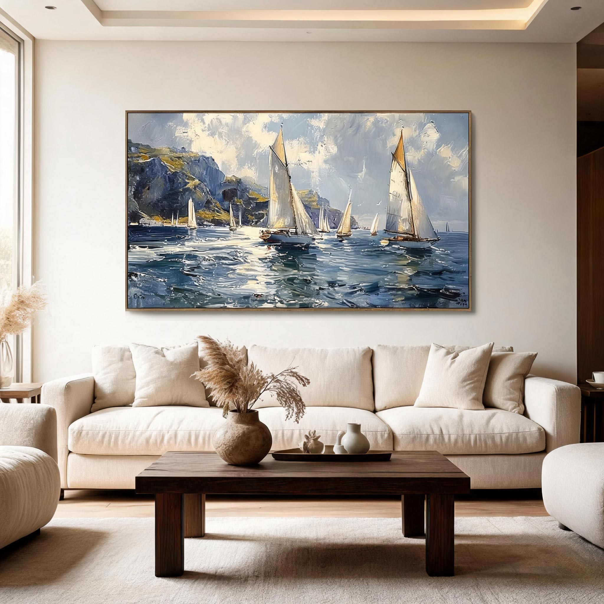 Fair Wind — Sailing Regatta Impasto Canvas Wall Art, Blue & Gold #GT012