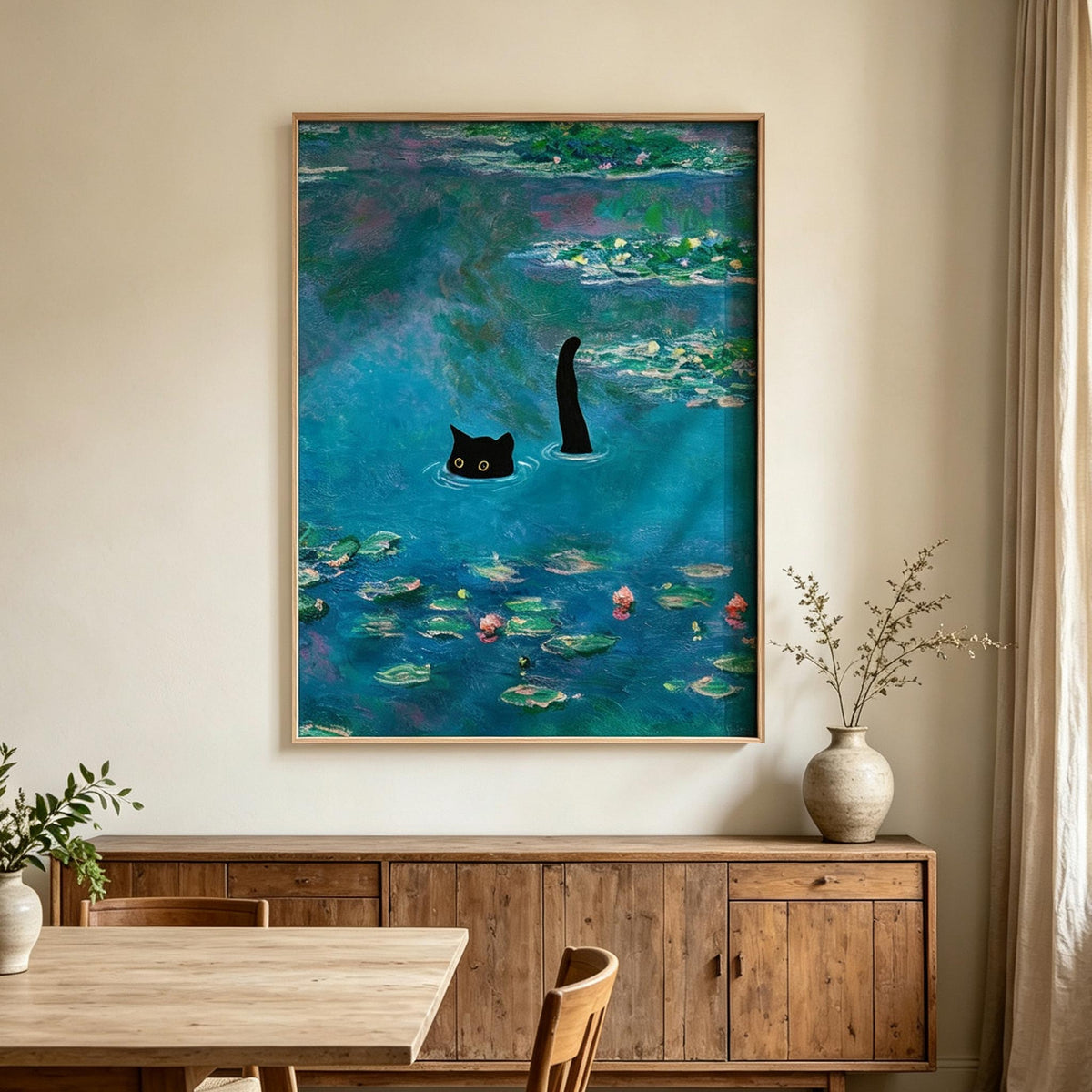 Black Cat in Lily Pond Wall Art #AN012
