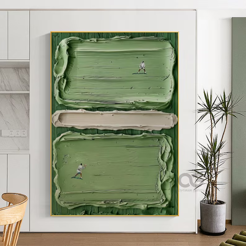 Vertical Textured Abstract Wall Art with Figures – Olive Green Canvas #CP021