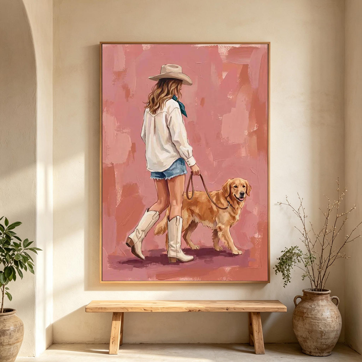 Woman Walking a Golden Retriever Wall Art #AN015