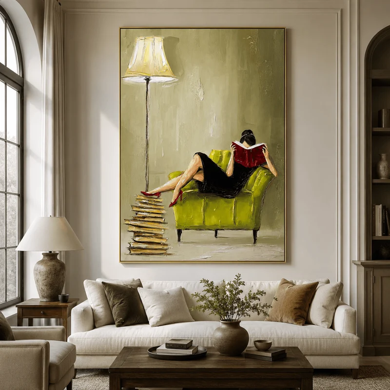 Woman Reading Textured Canvas Print — Framed Green Armchair Wall Art #CP066