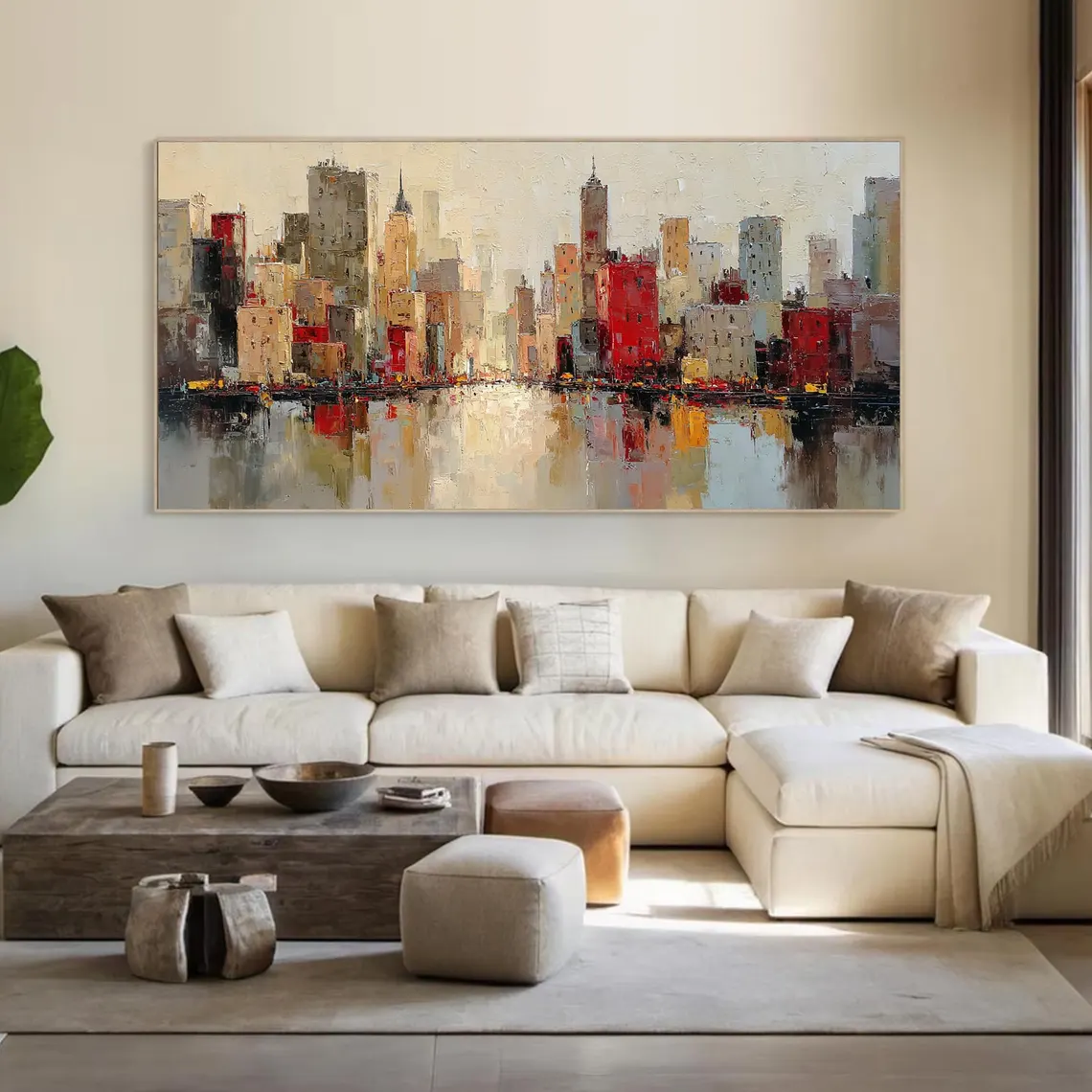 Manhattan in Bloom — Wide Format Palette Knife Cityscape Canvas with Red & Warm Tones #MA037