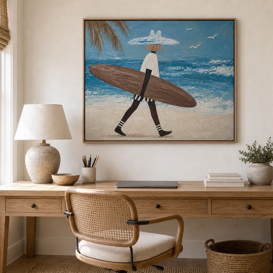 Walking Surfer Canvas Print | Textured Coastal Wall Art #SF002