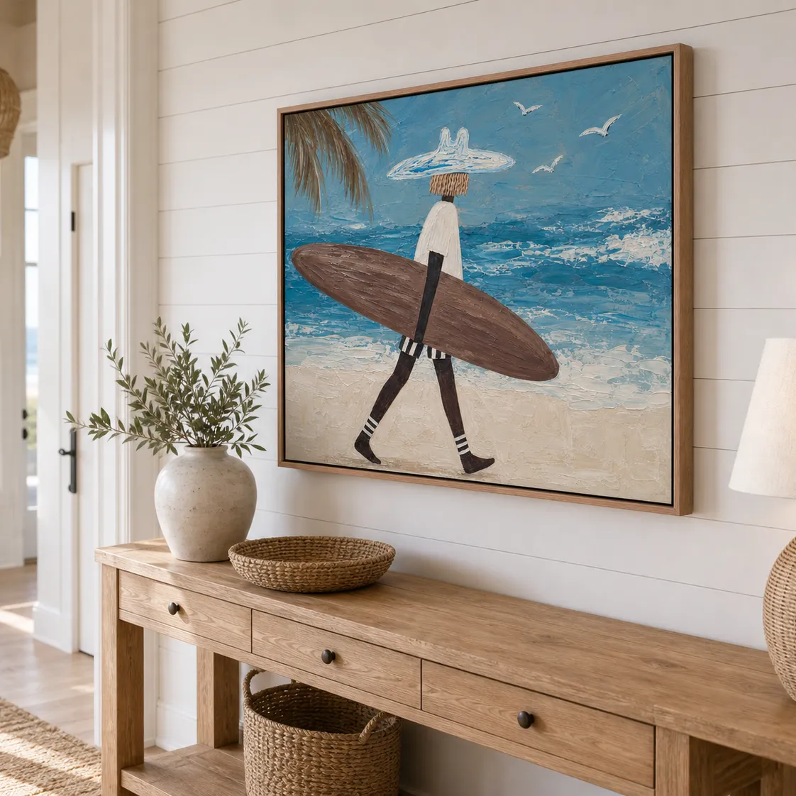 Walking Surfer Canvas Print | Textured Coastal Wall Art #SF002