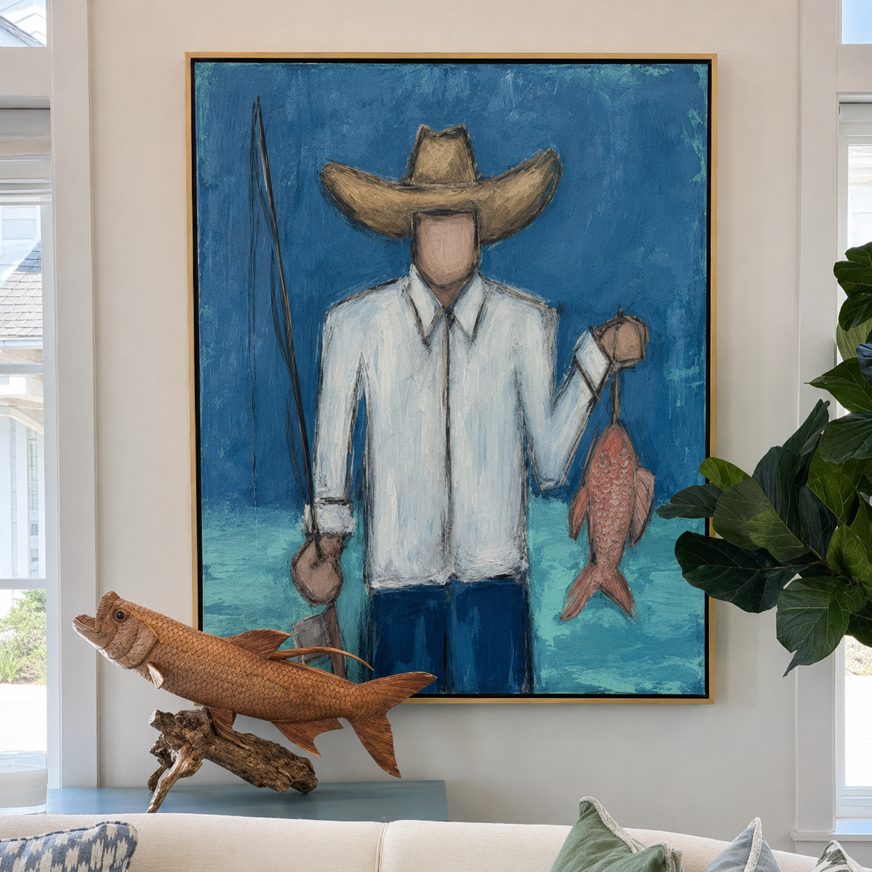 The Catch – Textured Impasto Fisherman Painting | Coastal Blue Living Room Wall Art #SF005