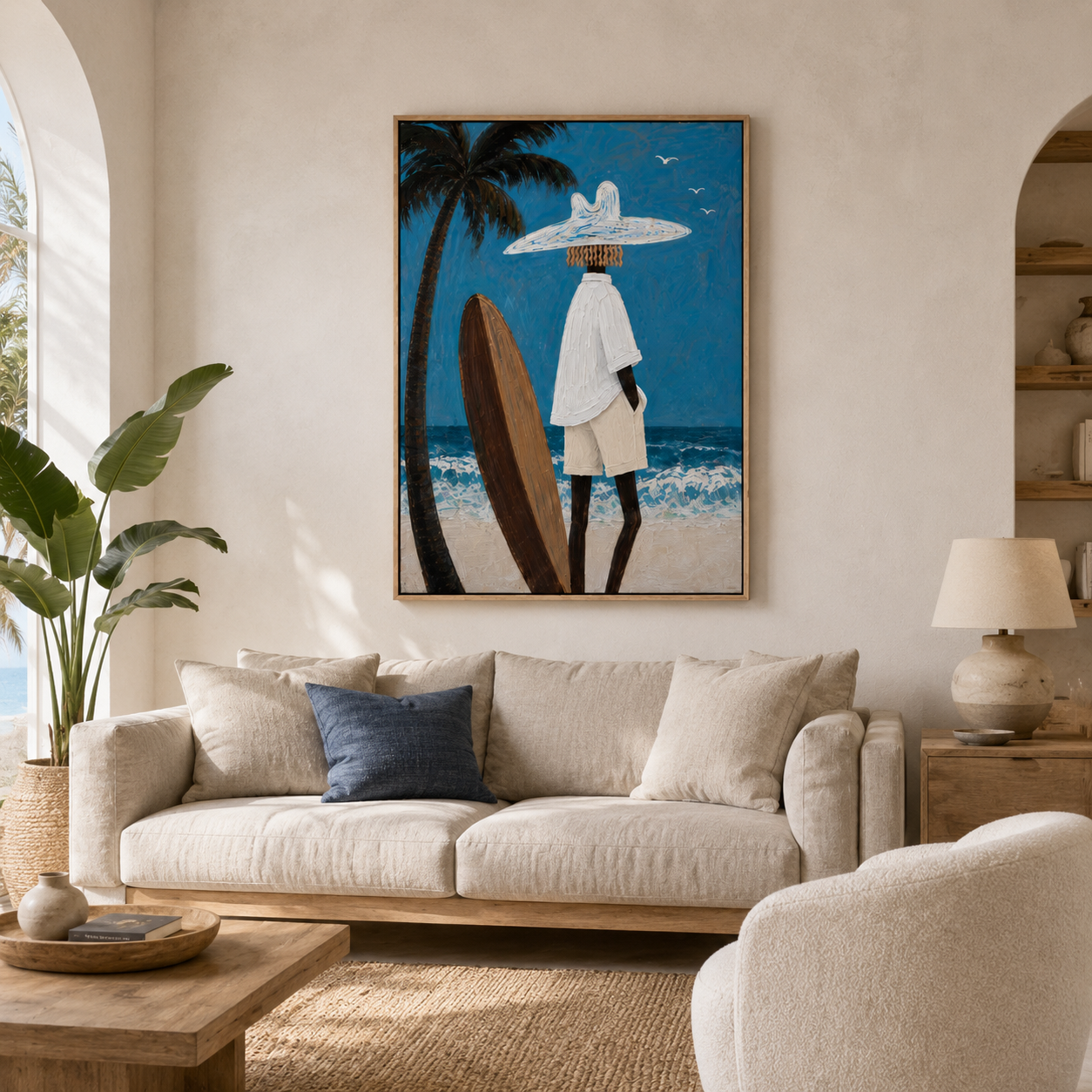 Palm & Surfer Canvas Print | Textured Coastal Wall Art #SF003