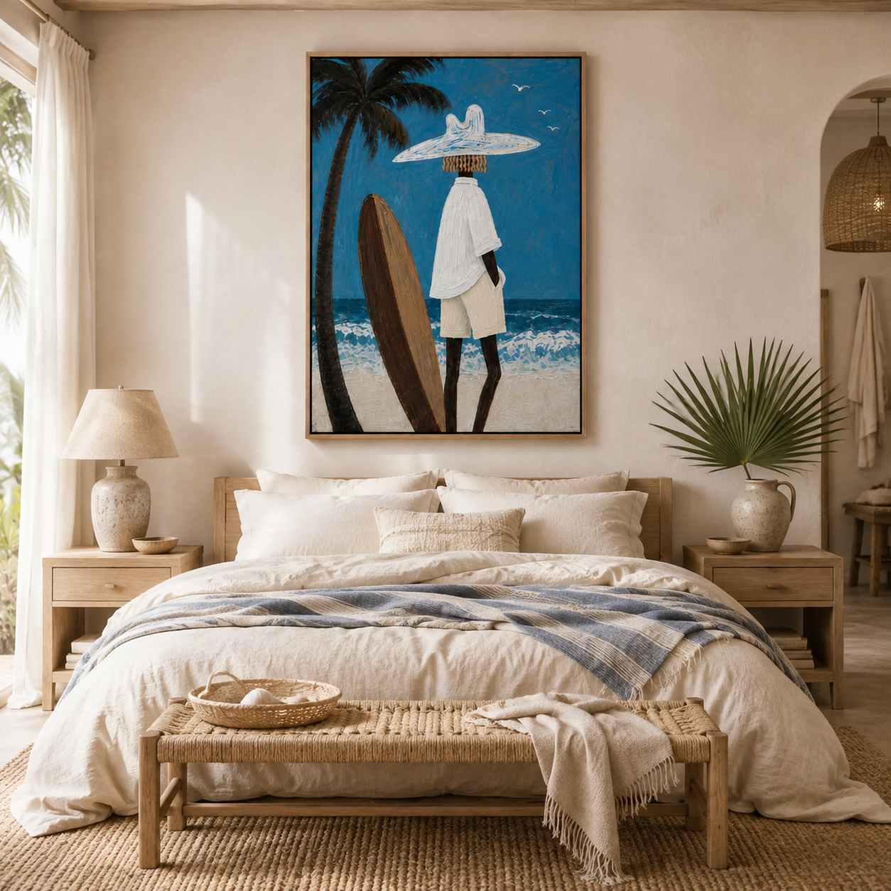 Palm & Surfer Canvas Print | Textured Coastal Wall Art #SF003