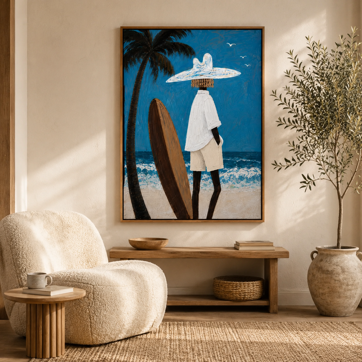 Palm & Surfer Canvas Print | Textured Coastal Wall Art #SF003