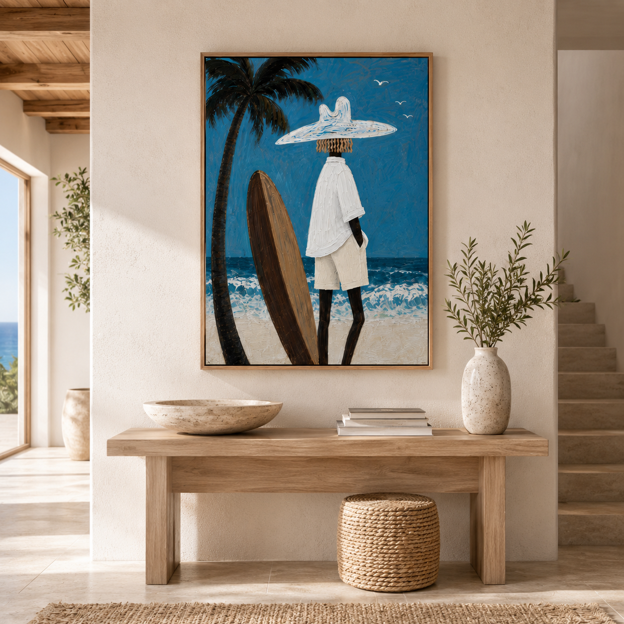 Palm & Surfer Canvas Print | Textured Coastal Wall Art #SF003