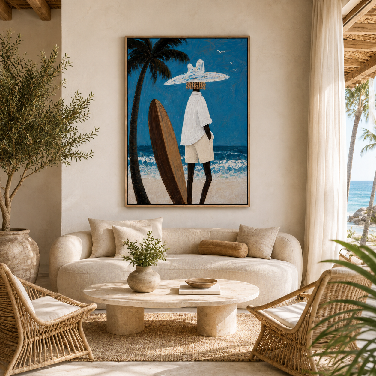 Palm & Surfer Canvas Print | Textured Coastal Wall Art #SF003
