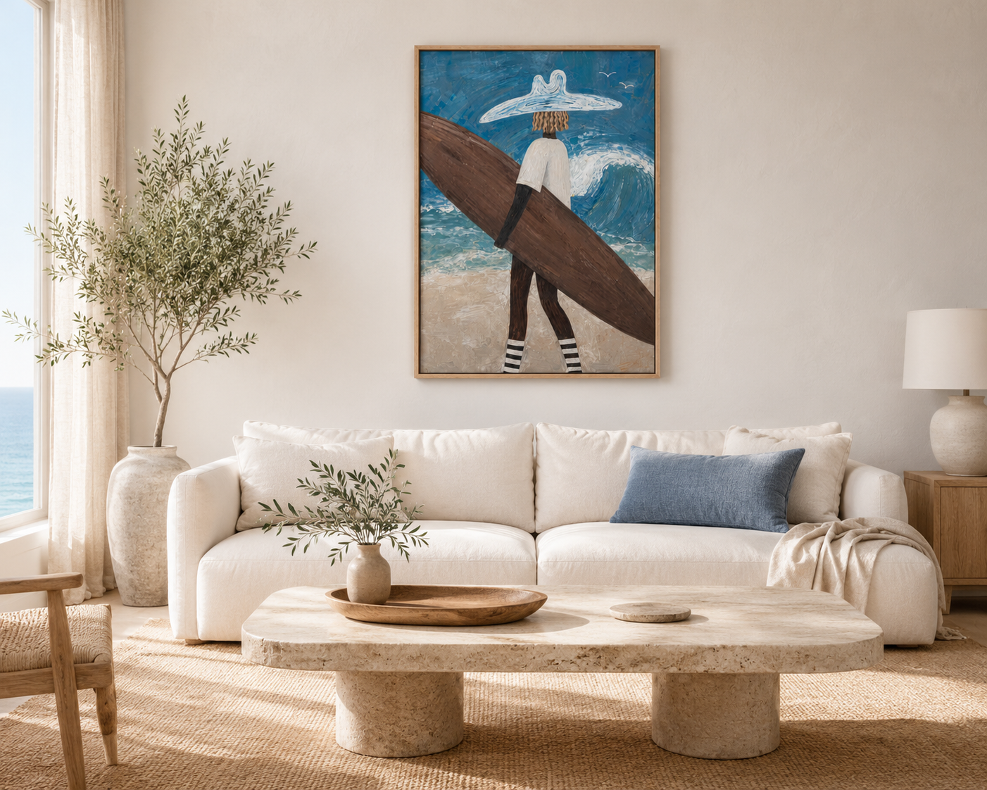 Palm & Surfer Textured Canvas Print — Framed Coastal Wall Art #SF004