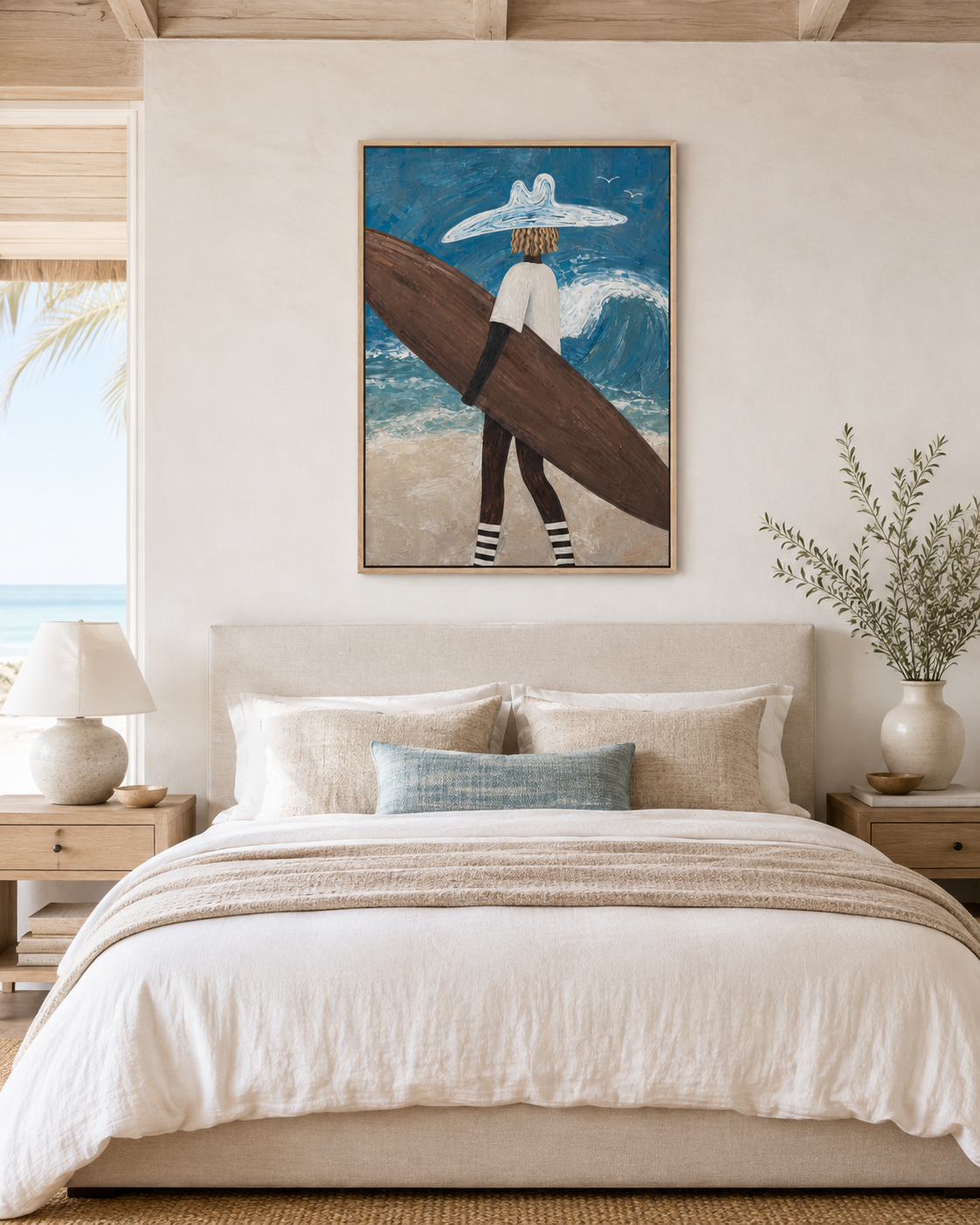 Palm & Surfer Textured Canvas Print — Framed Coastal Wall Art #SF004
