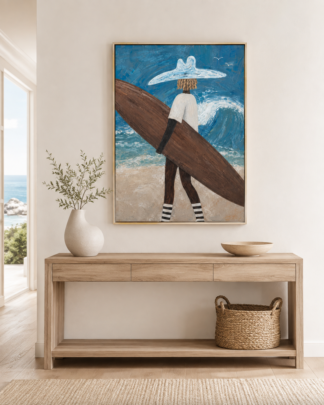 Palm & Surfer Textured Canvas Print — Framed Coastal Wall Art #SF004