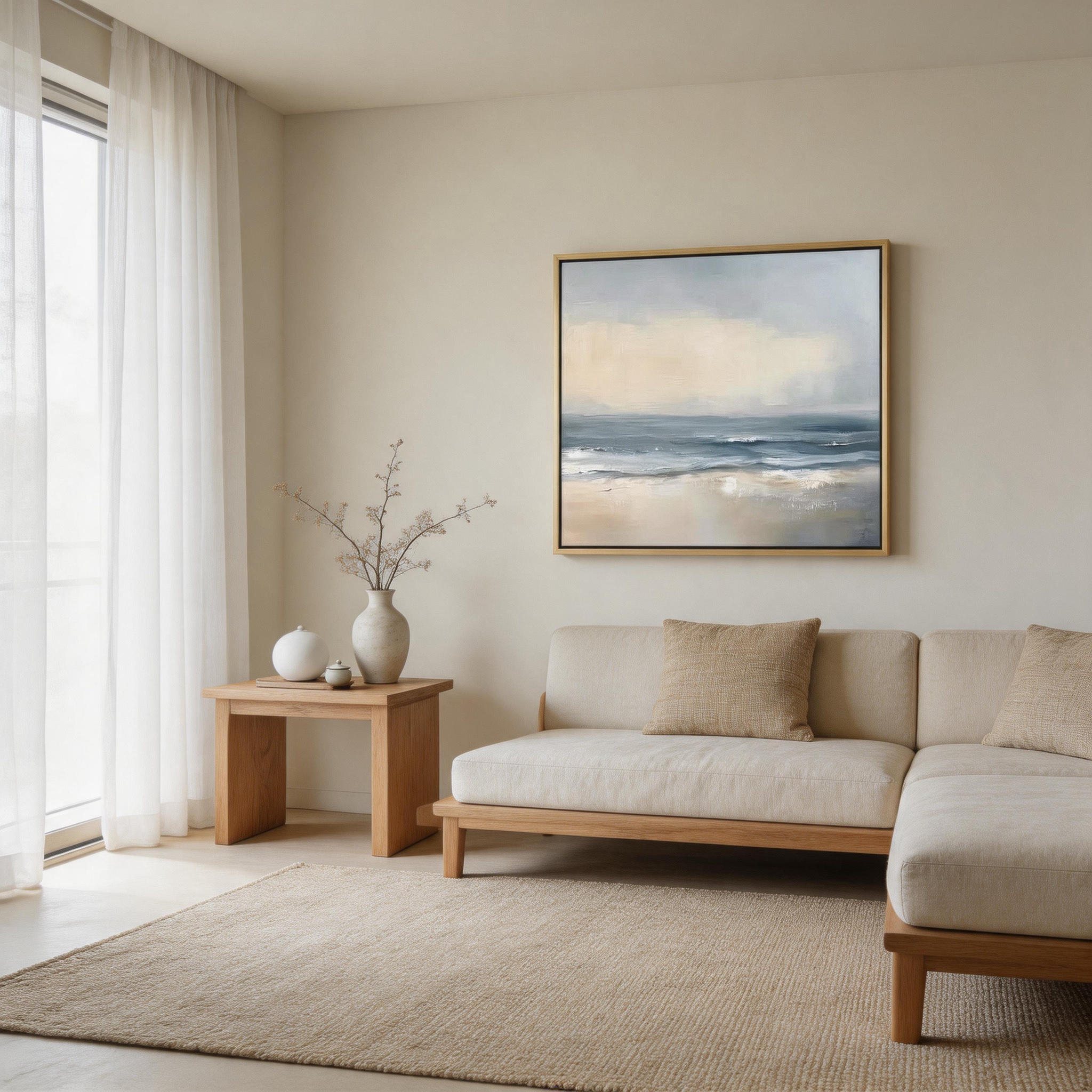 Quiet Sea — Moody Coastal Seascape Canvas Wall Art in Grey, Blue & Sand #CP052