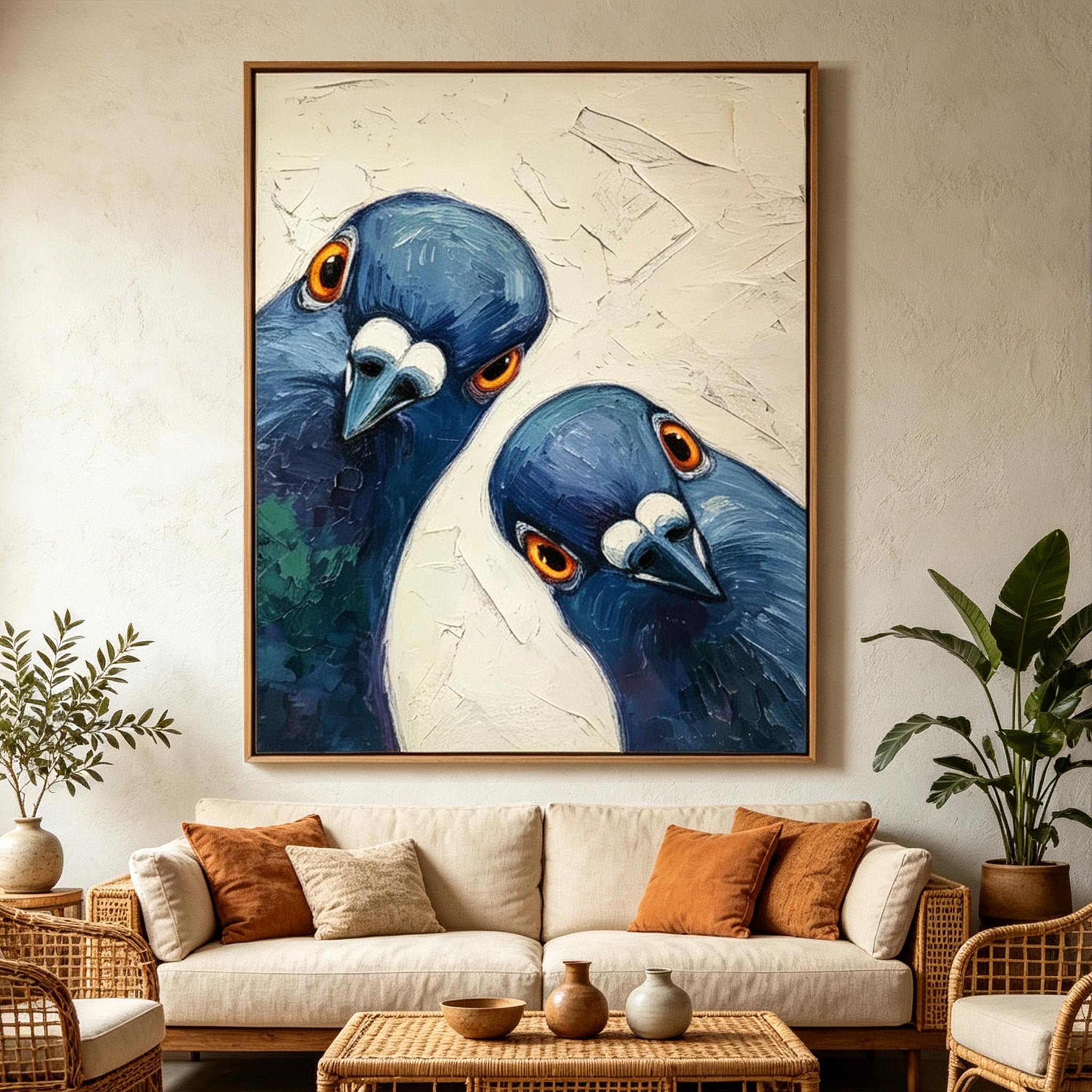 Watchful Pair – Textured Impasto Pigeon Painting #AN001