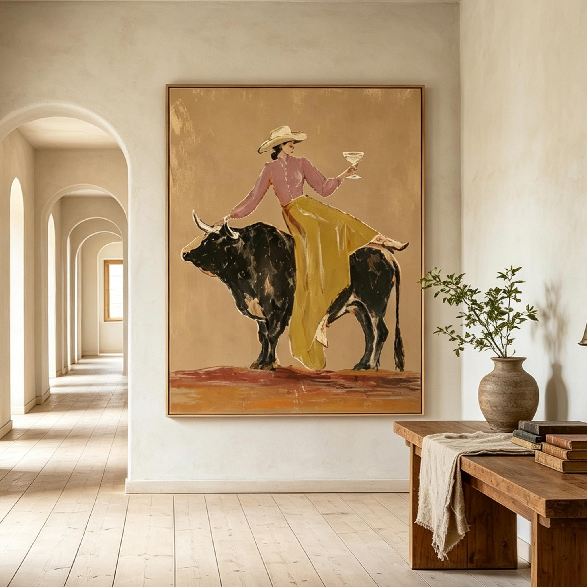 A Toast Atop the Bull – Whimsical Vintage Figurative Painting #CP076
