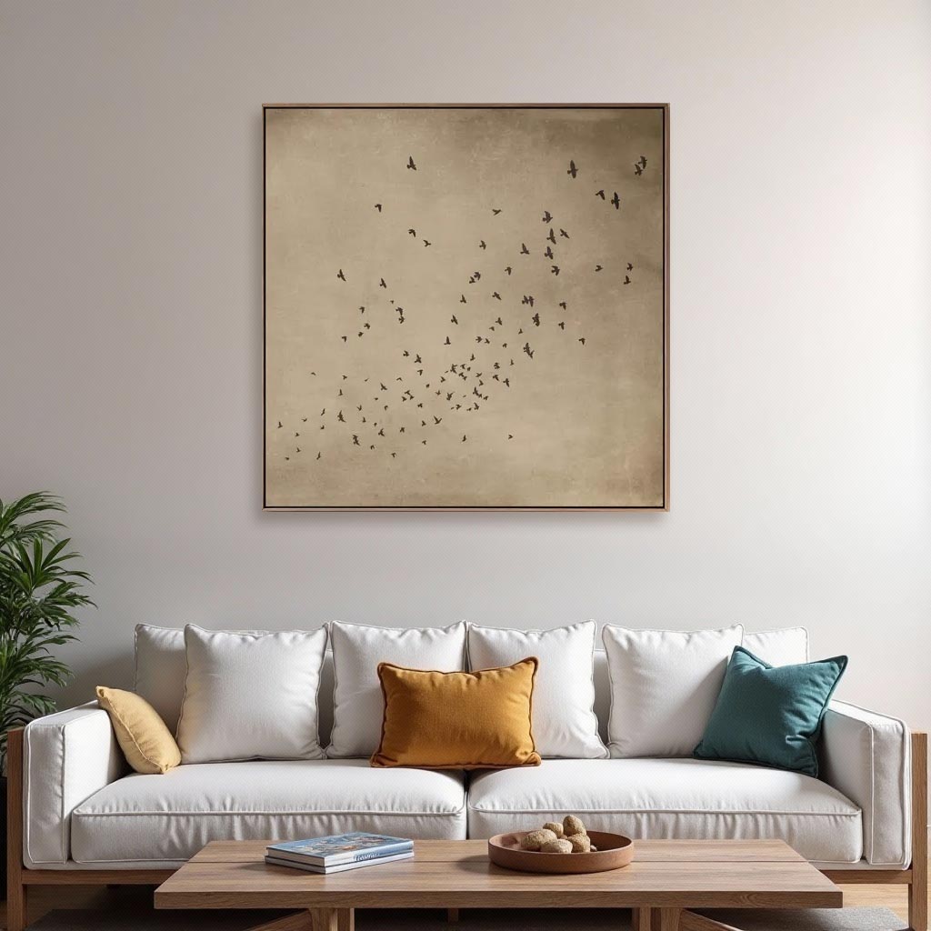 Minimalist Abstract Birds Oil Painting – Hand-Painted Neutral Wall Art #GT005