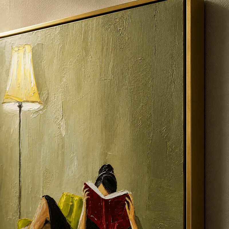 Woman Reading Textured Canvas Print — Framed Green Armchair Wall Art #CP066