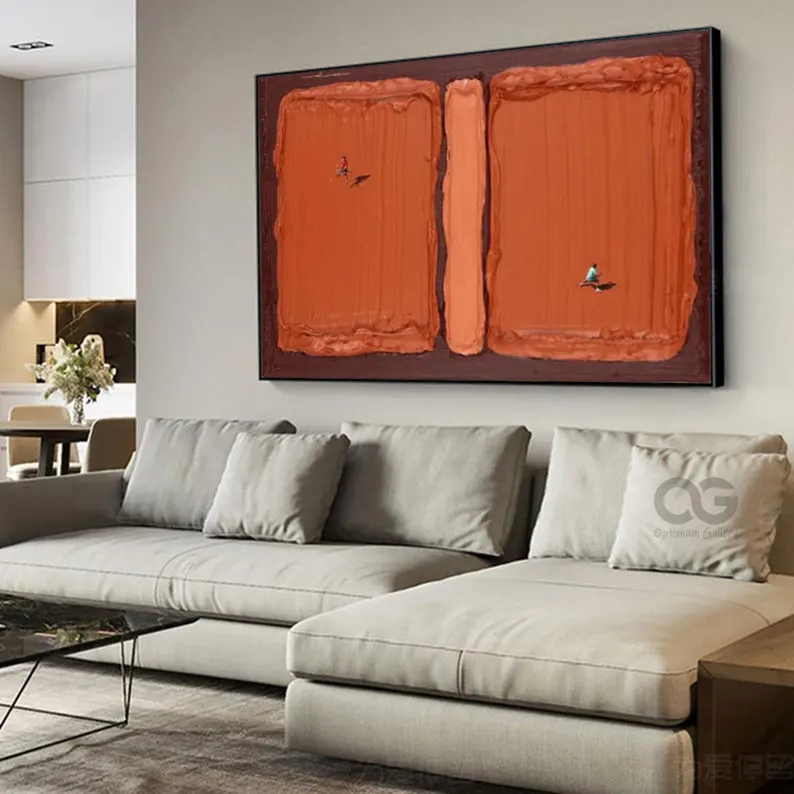 Textured Abstract Wall Art with Figures – Modern Orange Canvas Painting #CP018