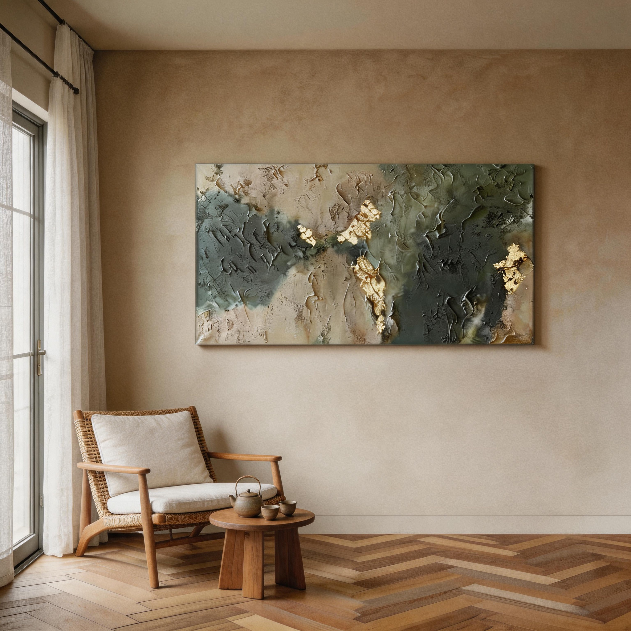Teal & Gold — Luxury Impasto Abstract Canvas Wall Art with Gold Leaf #GT006