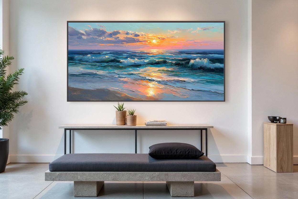 Sunset Ocean Wave Wall Art Canvas – Panoramic Coastal Seascape Painting #AT038