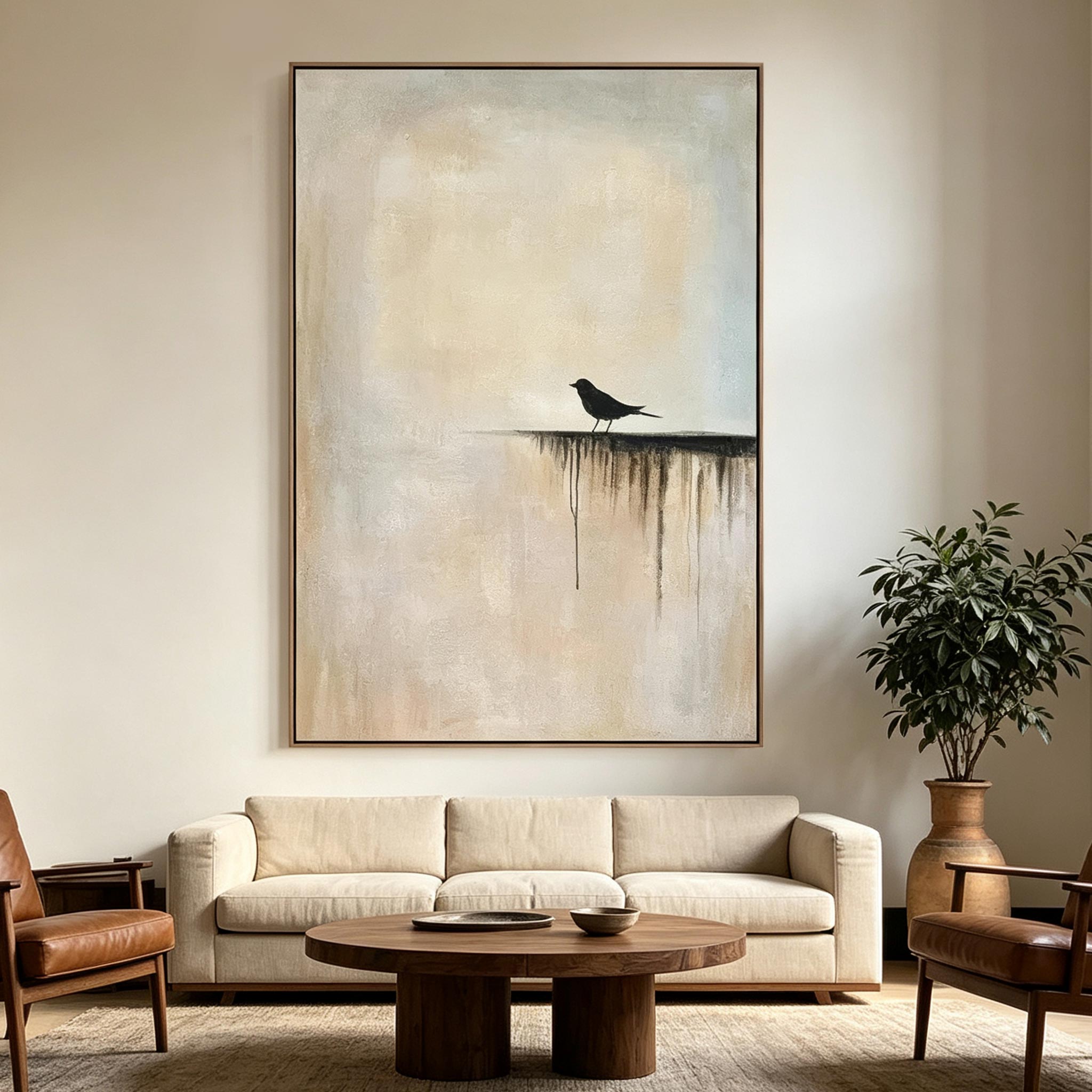 The Edge – Wabi-Sabi Minimalist Bird Painting #AN003