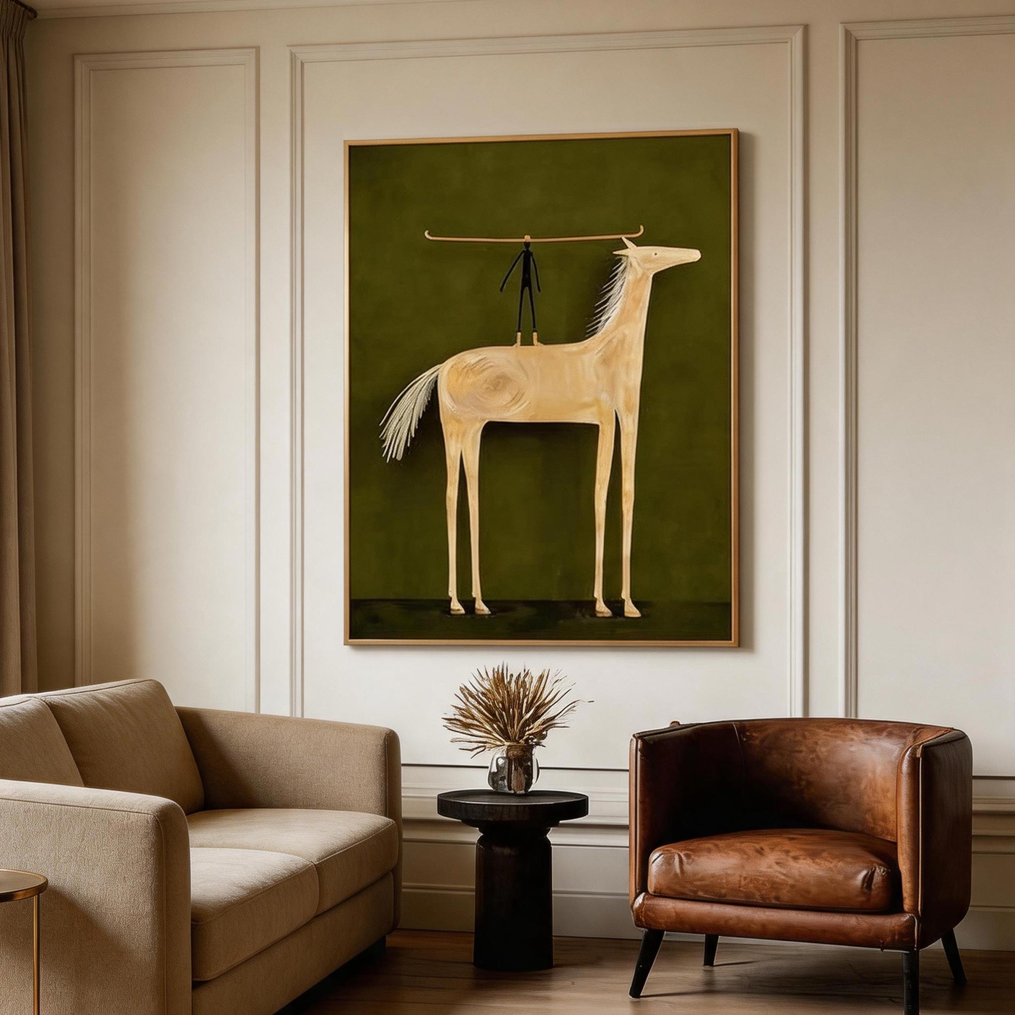Balance — Primitive Stick Figure & Cream Horse Canvas Wall Art on Olive Green #HA037