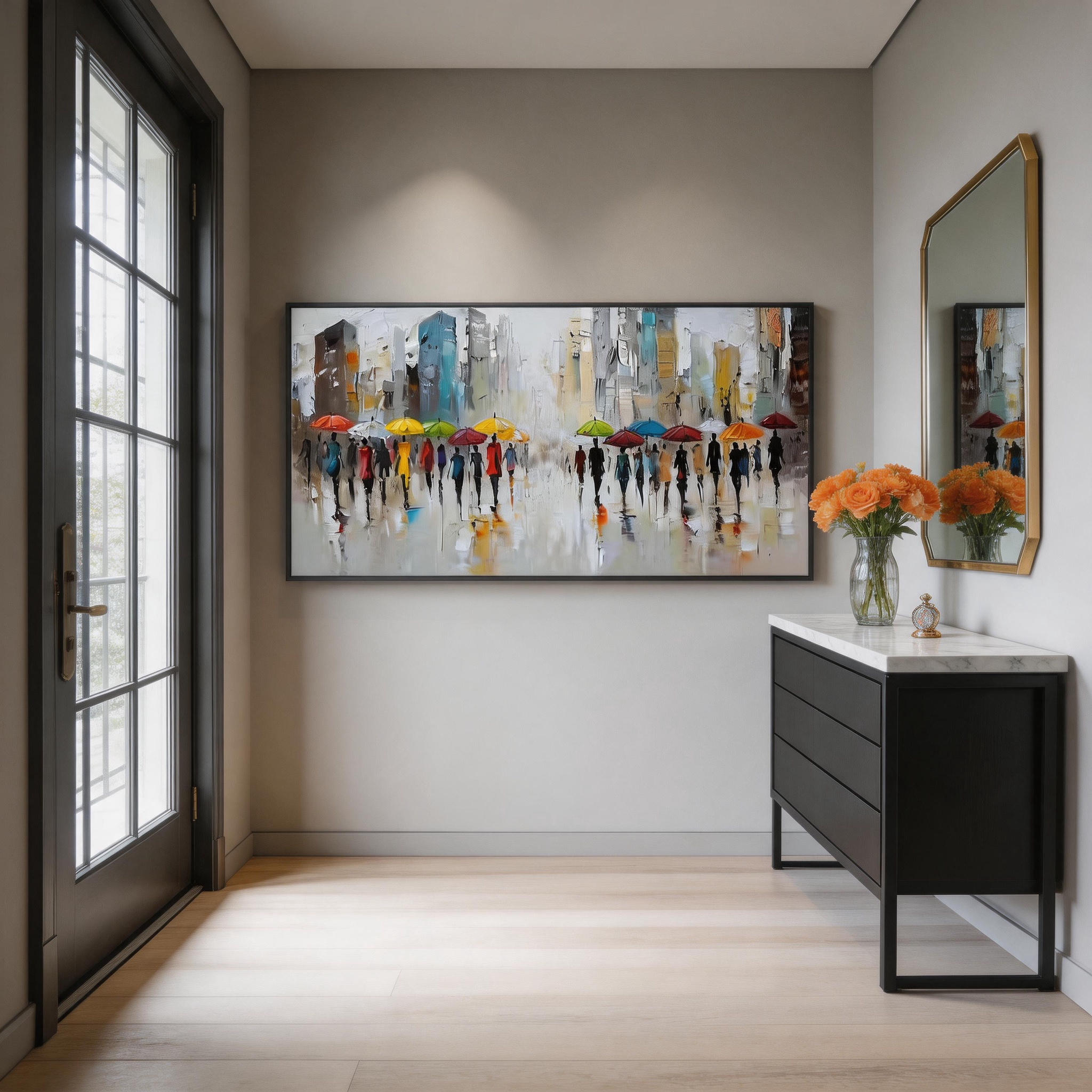 City in the Rain — Colorful Umbrella Urban Impasto Canvas Wall Art #CP040