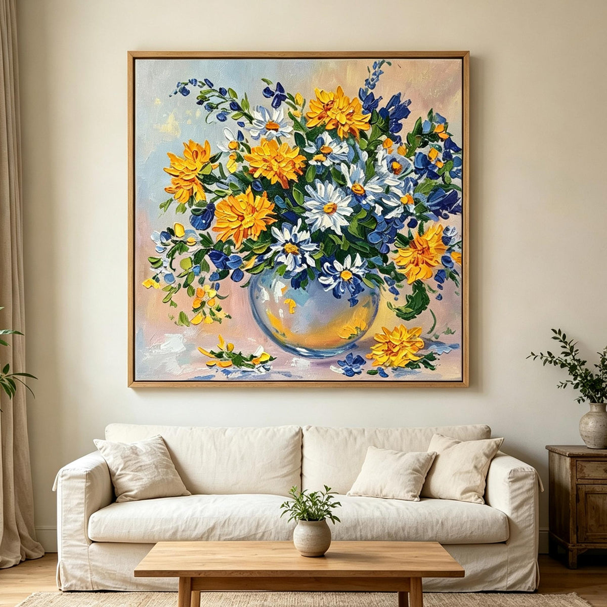 Blue and Yellow Floral Vase Wall Art #FL074