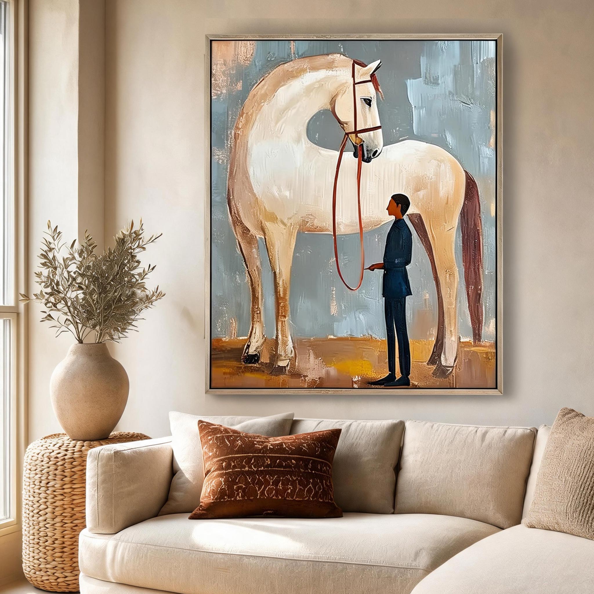 Quiet Bond Horse Wall Art | Minimalist Equestrian Oil Painting #HA050