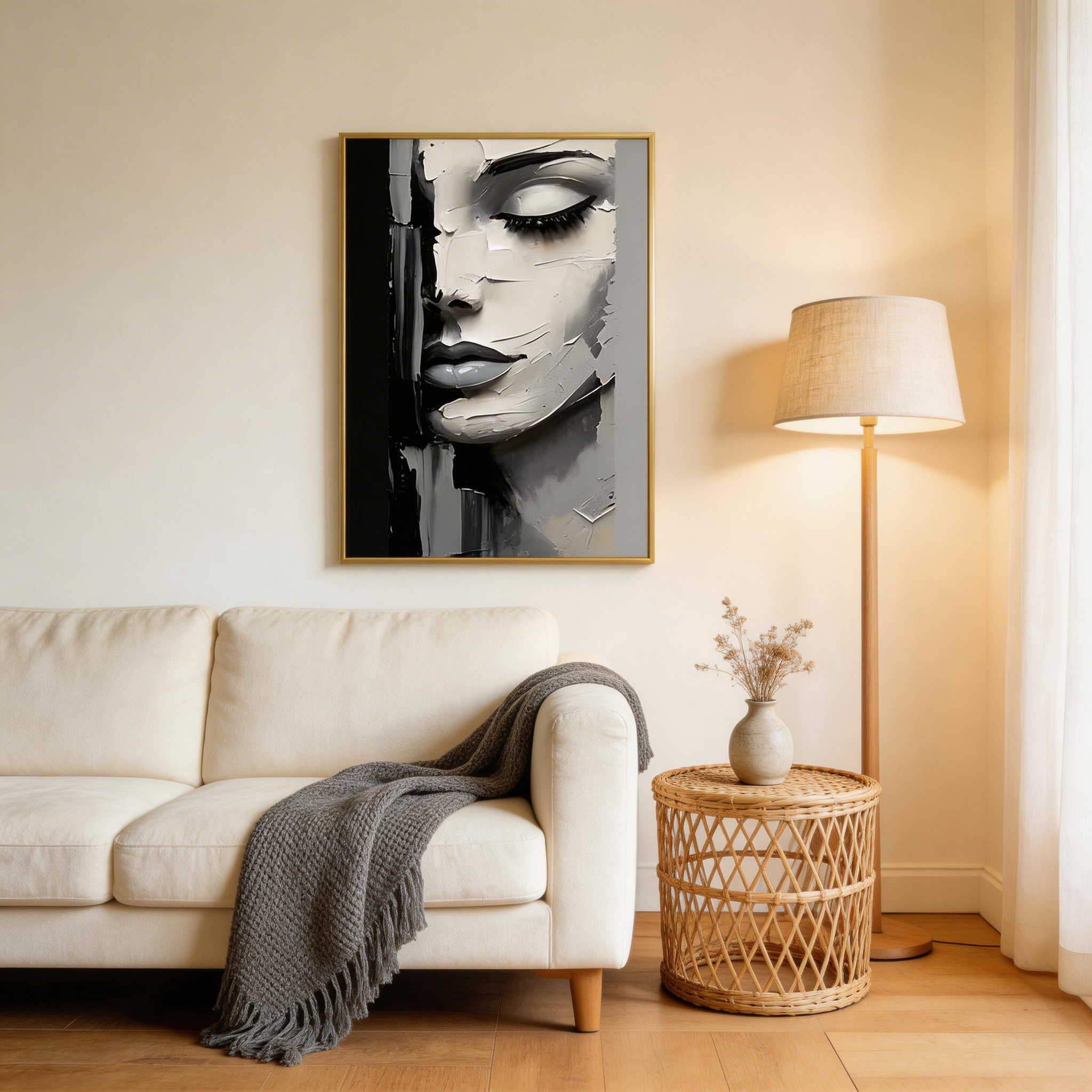 Abstract Black White Woman Portrait Wall Art – Textured Canvas Painting #MA026