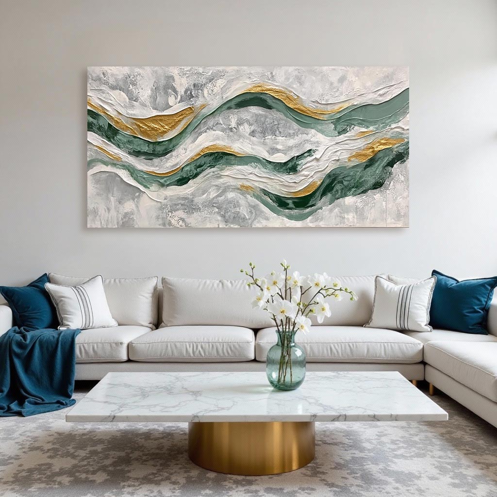 Abstract Green & Gold Wave Wall Art – Modern Textured Panoramic Painting #GT001