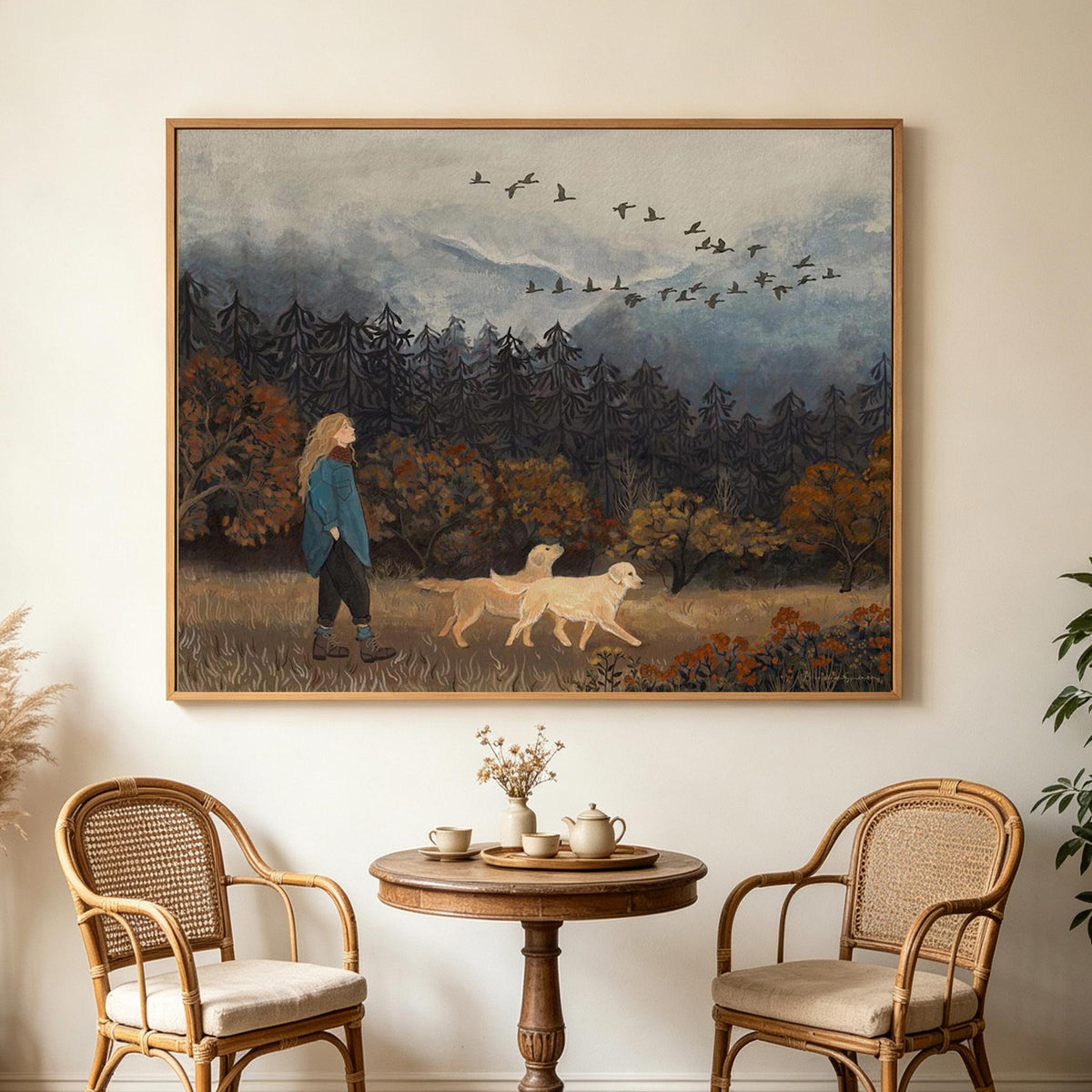 Autumn Walk with Dogs Landscape Wall Art #AN002