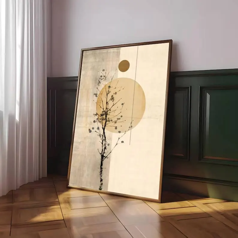 Minimalist Tree Wall Art with Sun – Modern Neutral Canvas Painting #MA029