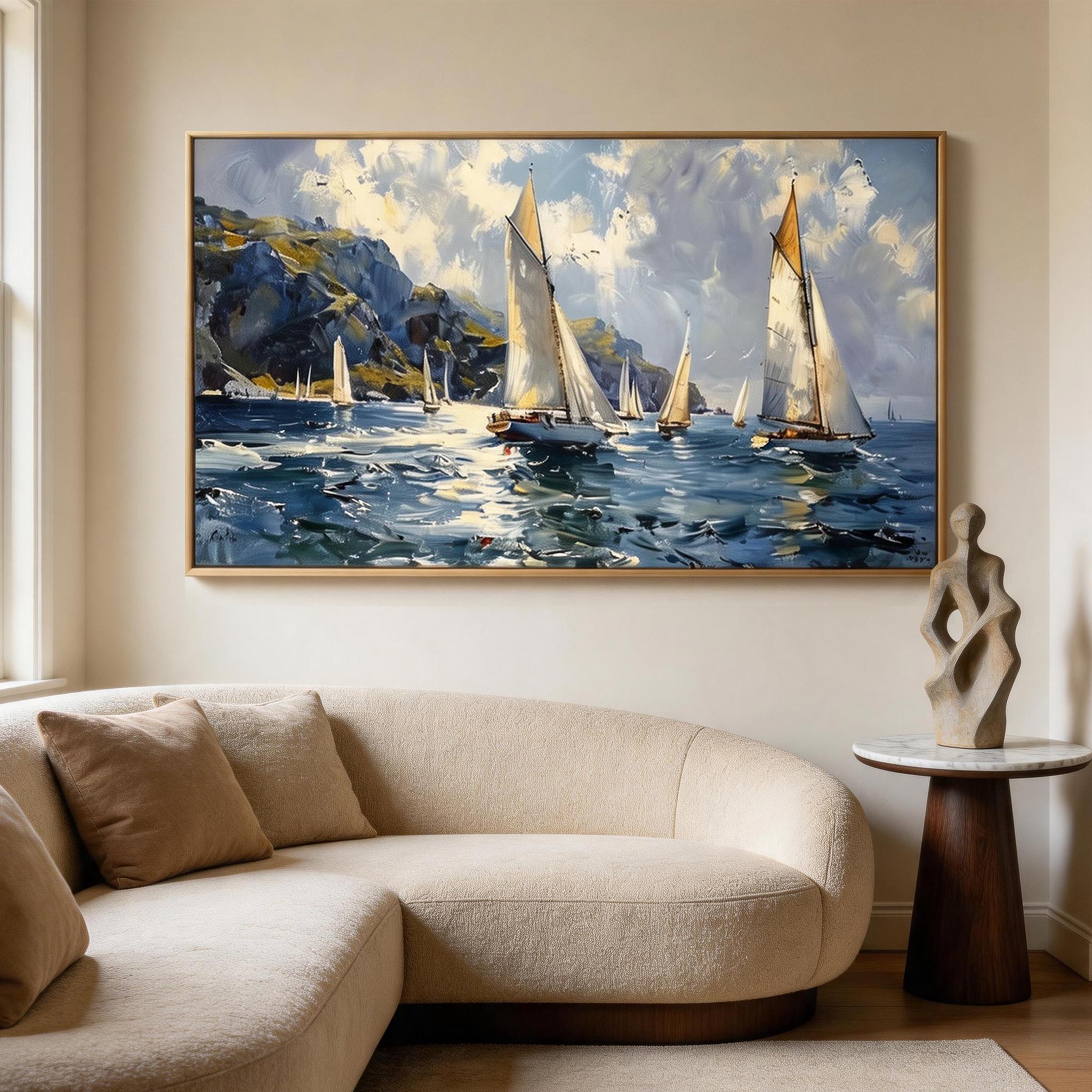 Fair Wind — Sailing Regatta Impasto Canvas Wall Art, Blue & Gold #GT012