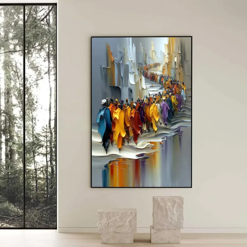 Large Colorful Crowd Procession Canvas Painting #CP035