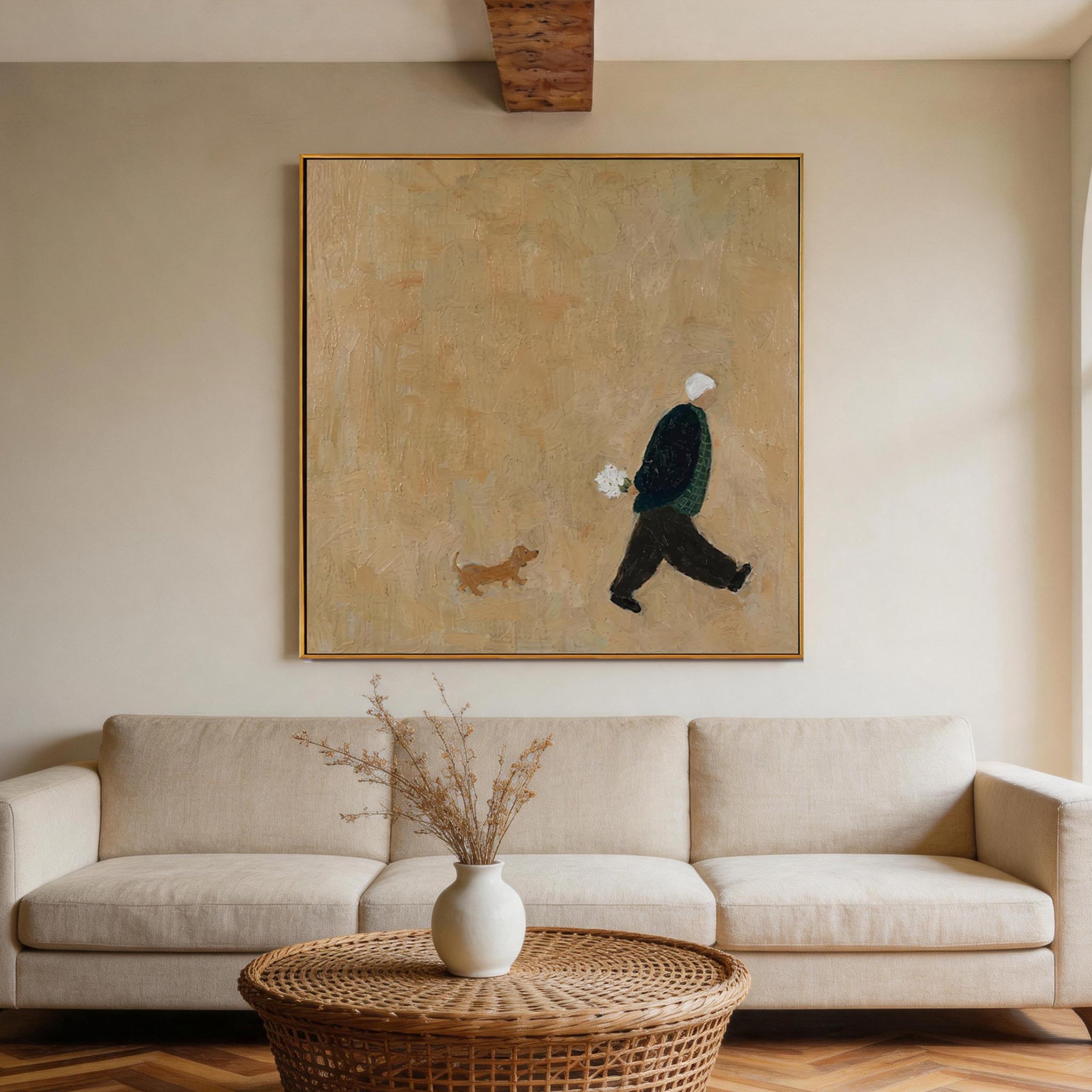 The Errand — Man with Flowers & Dachshund Canvas Wall Art #MA041