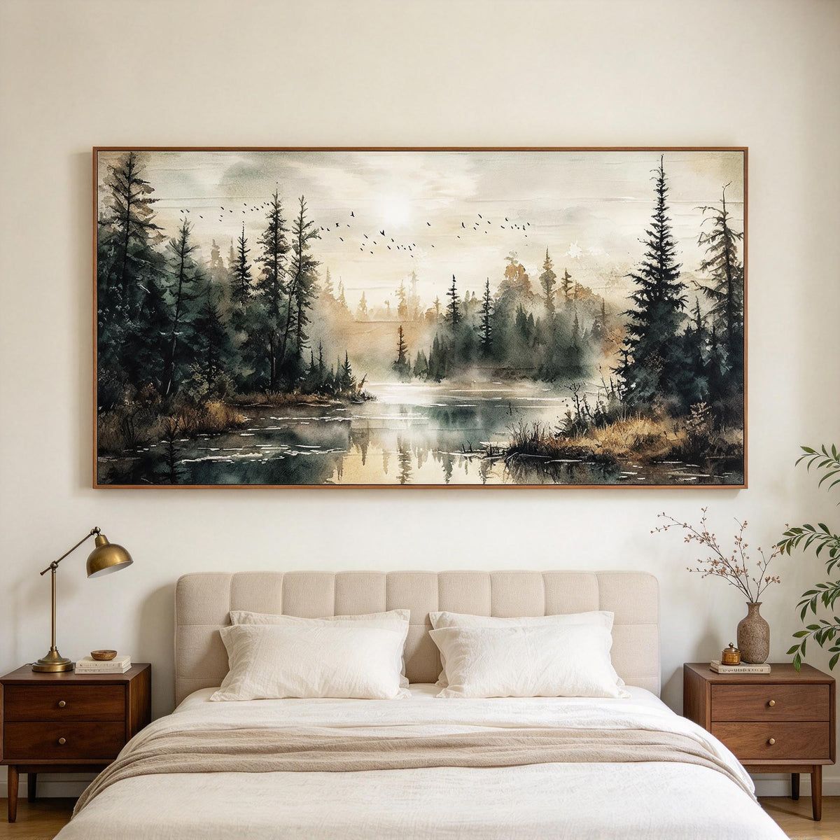 Misty Pine Forest Lake Wall Art #LS079