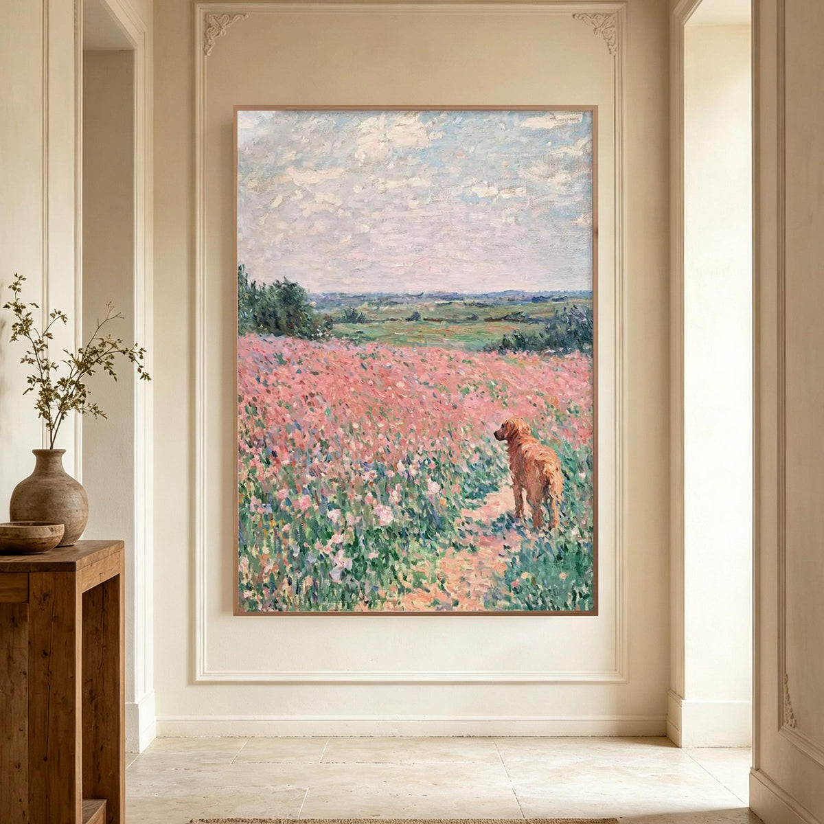 Dog in Pink Wildflower Meadow Wall Art #AN017