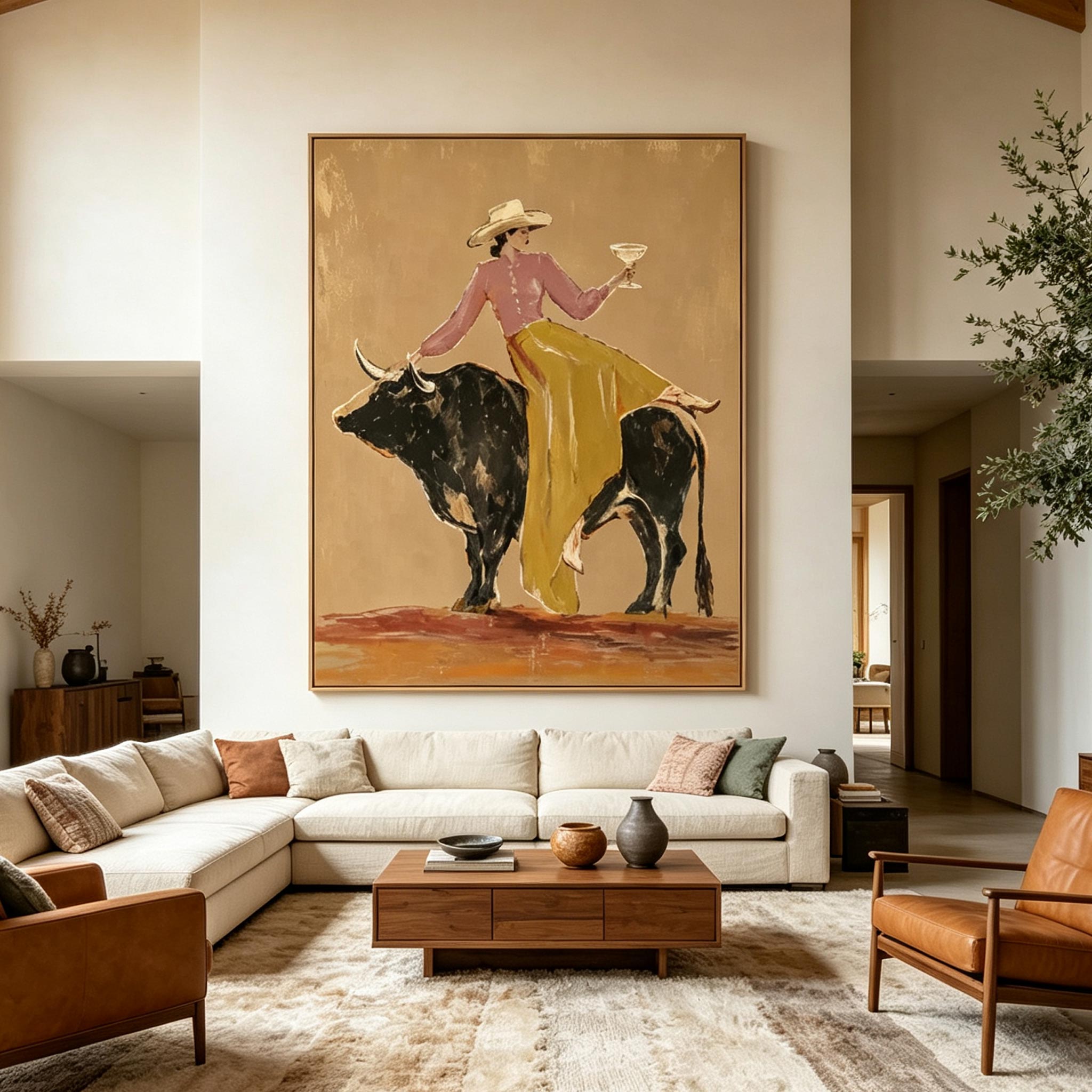 A Toast Atop the Bull – Whimsical Vintage Figurative Painting #CP076