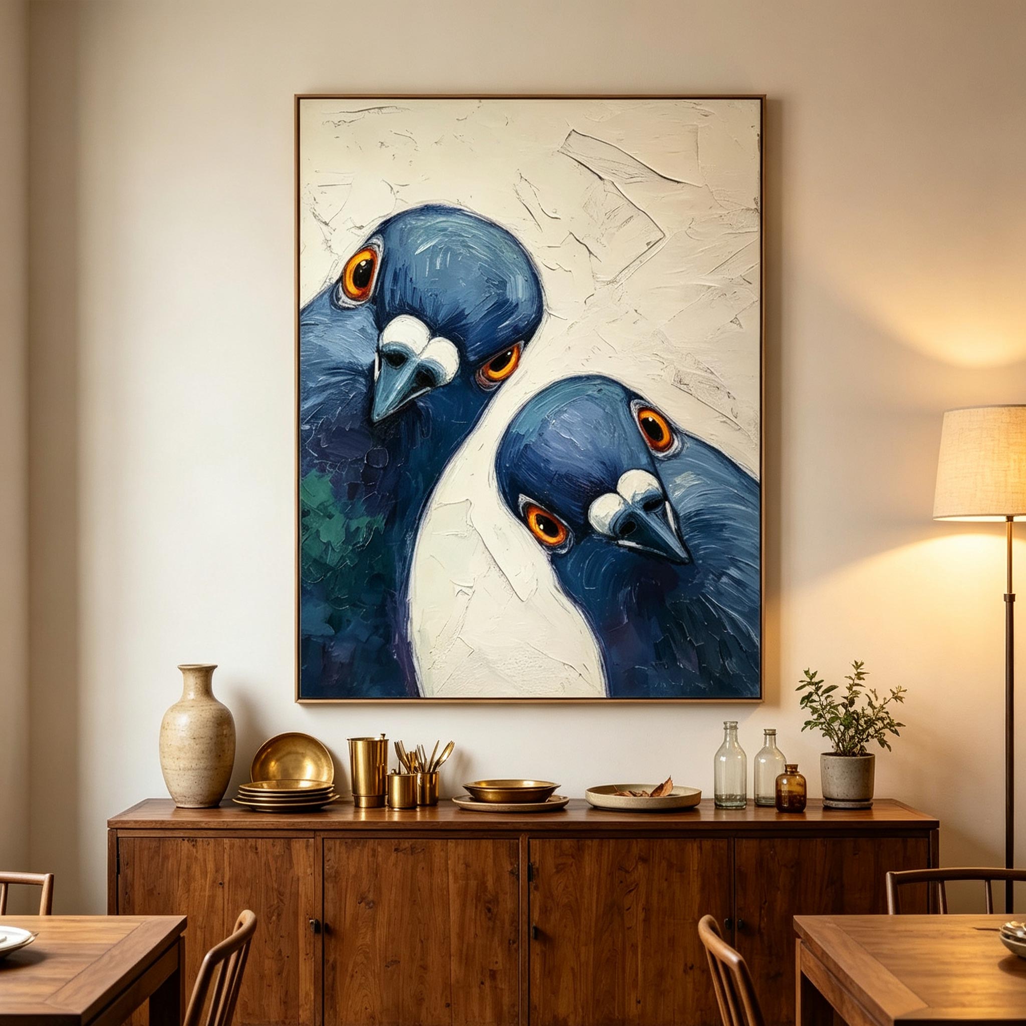 Watchful Pair – Textured Impasto Pigeon Painting #AN001