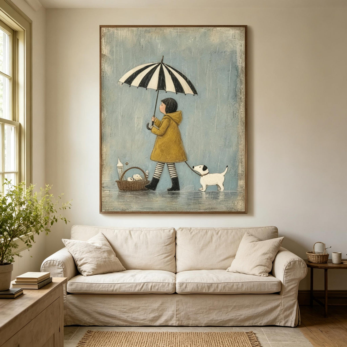Girl in the Yellow Coat – Whimsical Storybook Figurative Painting #UP004